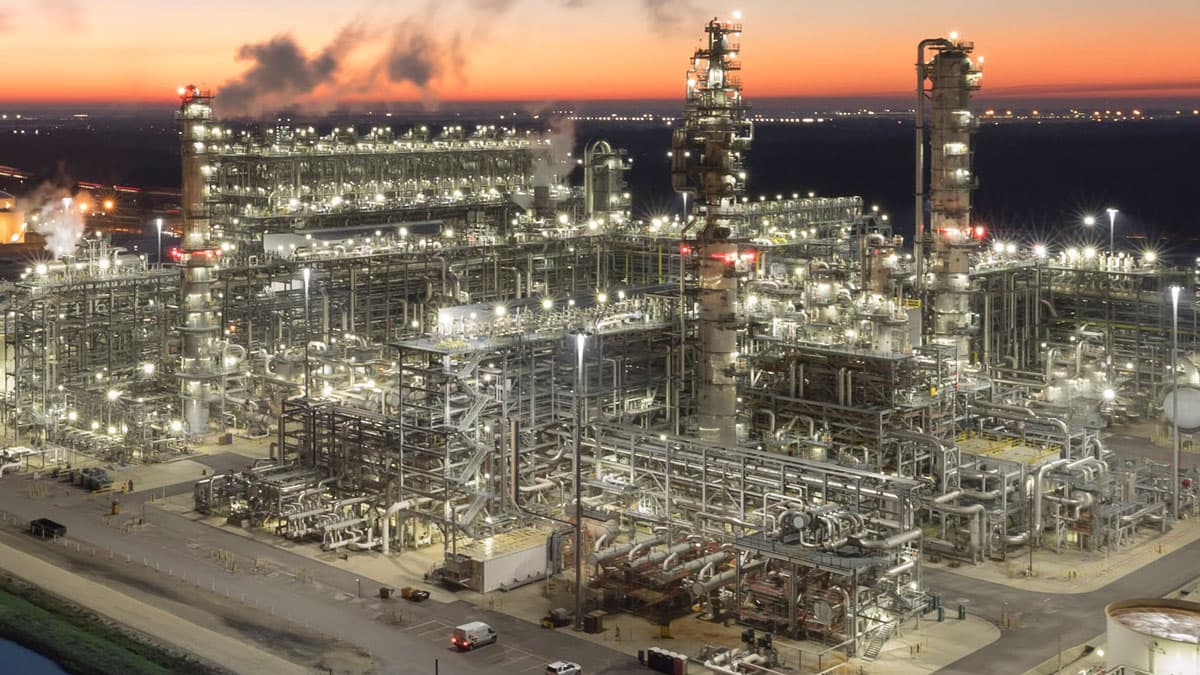 Chevron Philips Chemical’s Cedar Bayou plant in Baytown, Texas at sunset