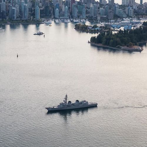 An aerial view of a large tanker in the New York Harbor