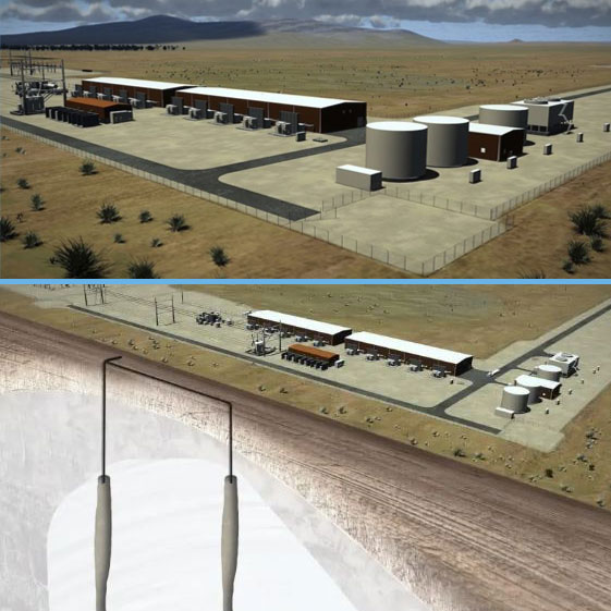 A 3d model of two large salt caverns used for storing gas under a hydrogen plant