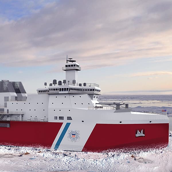 A red white and blue United States Coast Guard icebreaker ship